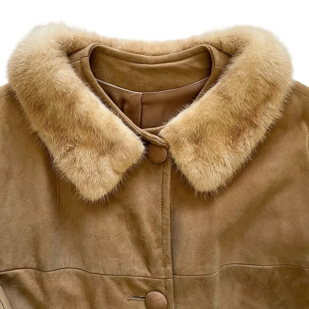 Vintage Suede Leather Car Coat with Palomino Blonde Mink Fur Stole Collar - Picture 6 of 11